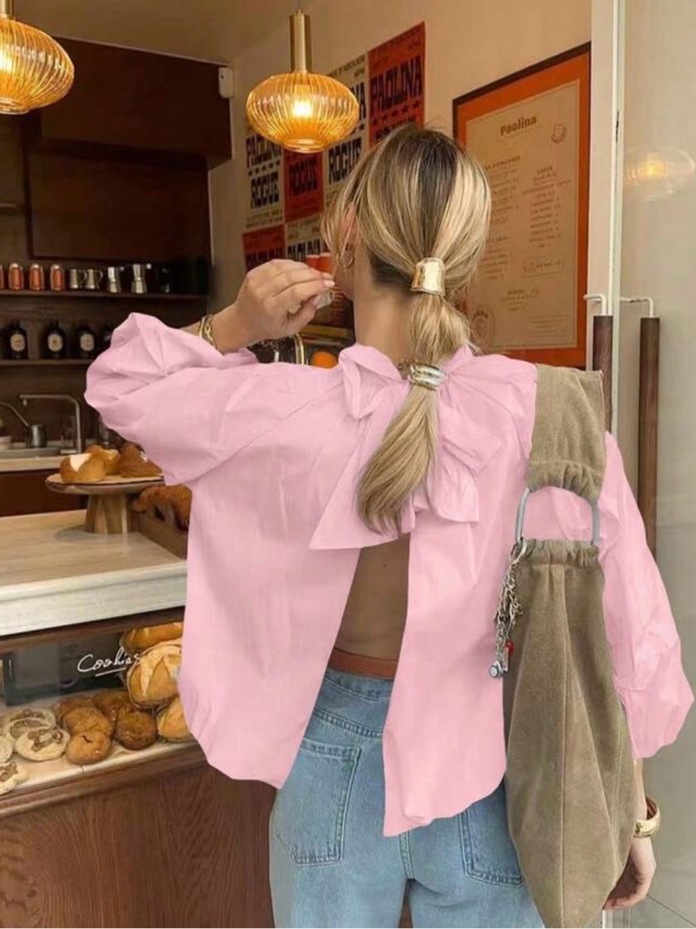 Amazon Women's Pink Bow-Back Blouse - Elegant Open-Back Top
